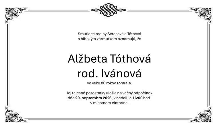 Smútočné oznámenie - neb. Alžbeta Tóthová