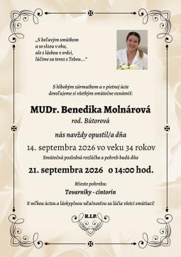 Smútočné oznámenie: MUDr. Benedika Molnárová — pohreb 21. septembra 2026 v Tovarníkoch